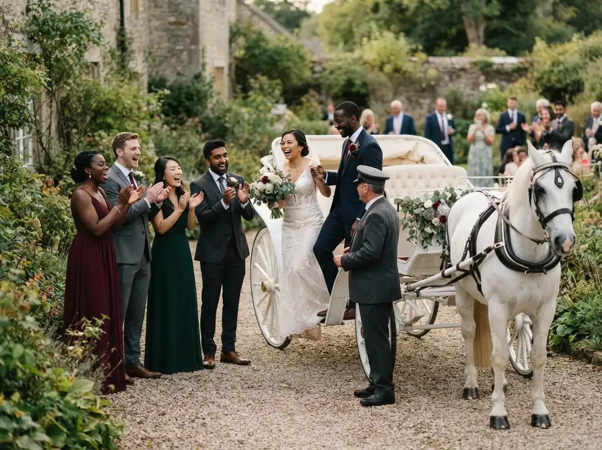 Wedding party boarding a carriage