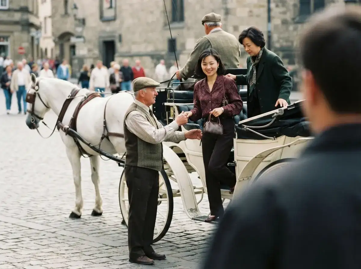 Mother and daughter boarding a carriage