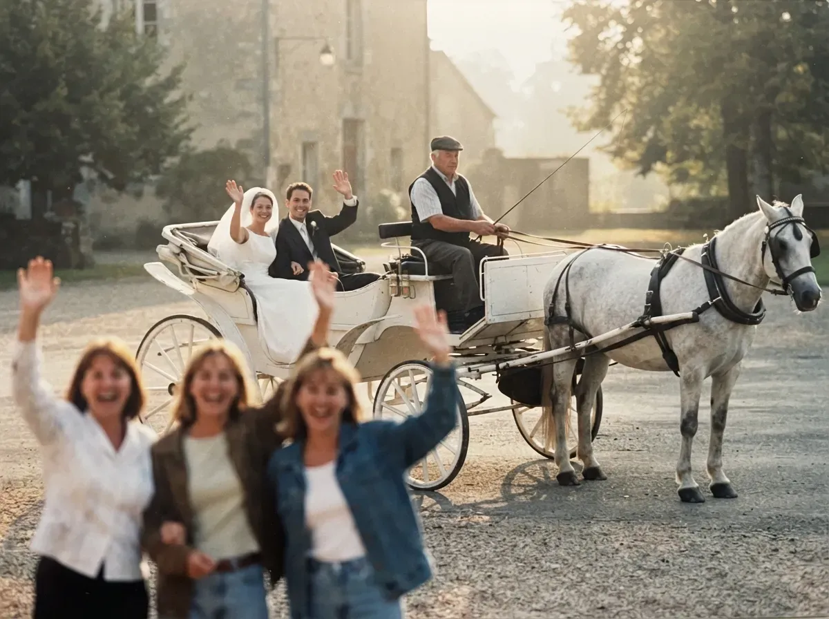 Newlyweds waving from a carriage