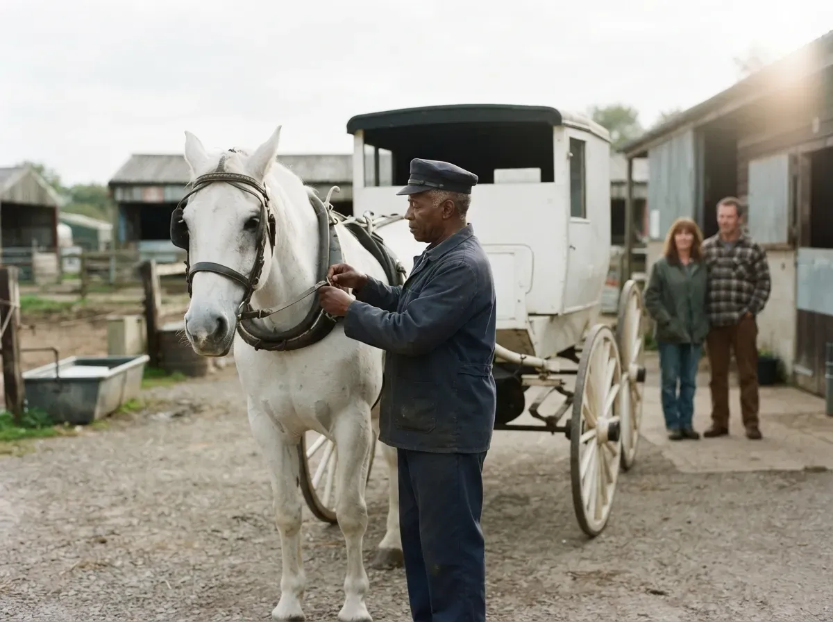 Driver checking a horse harness