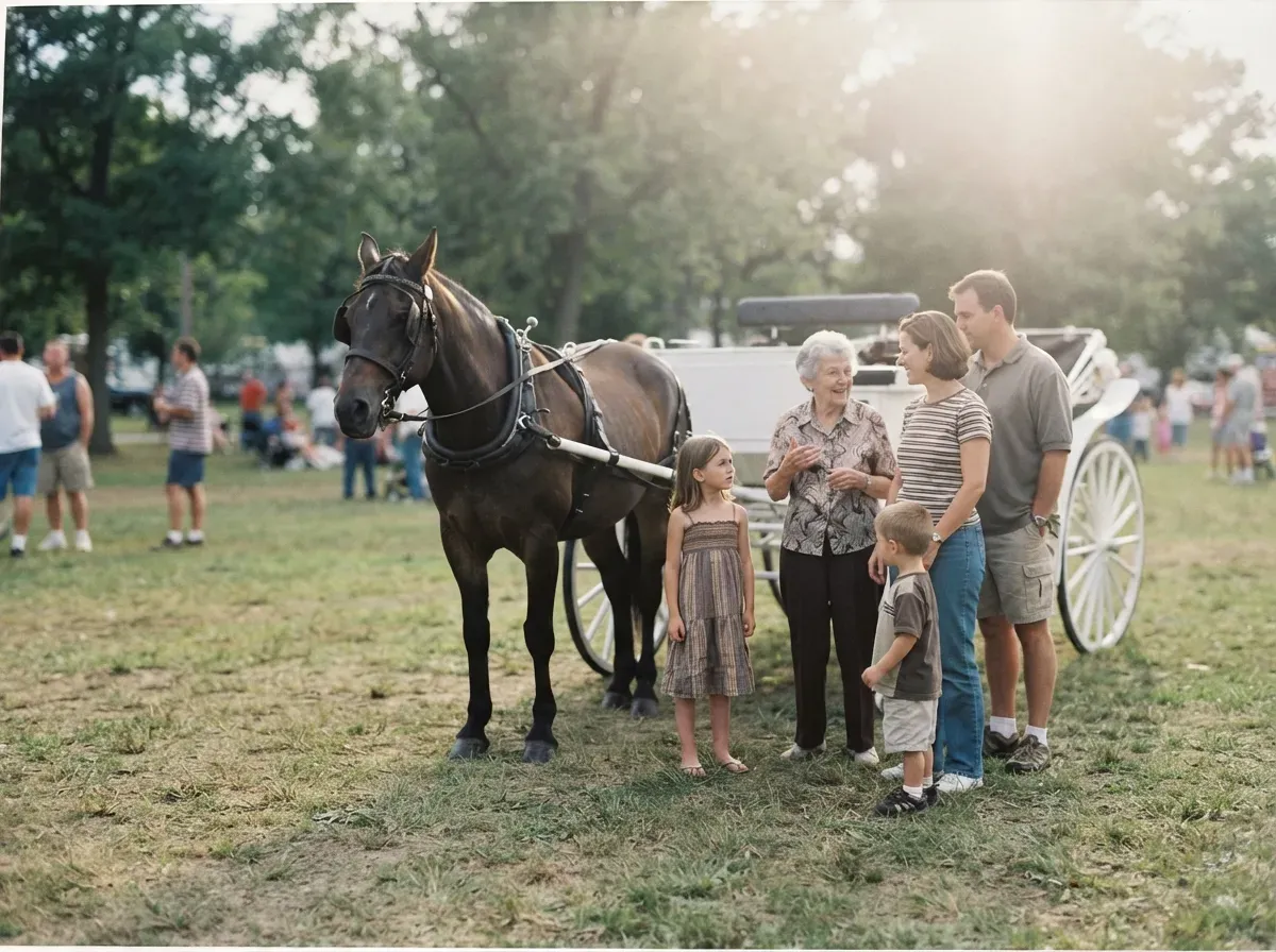 Family visiting a carriage horse