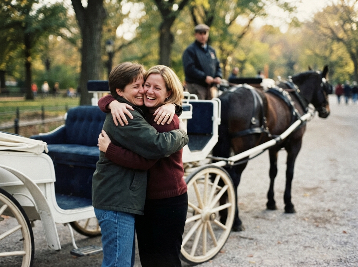 Couple embracing beside a carriage