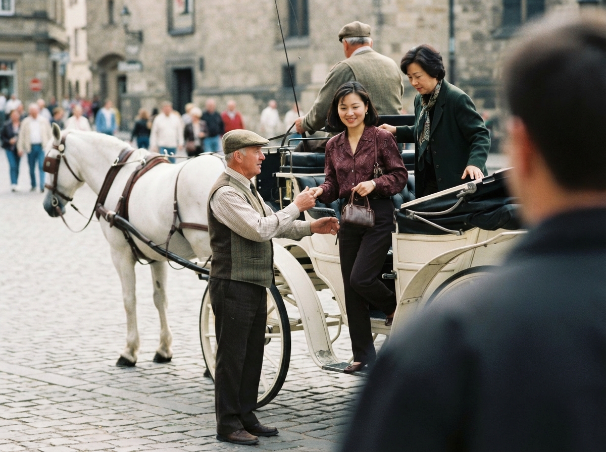 Mother and daughter boarding a carriage