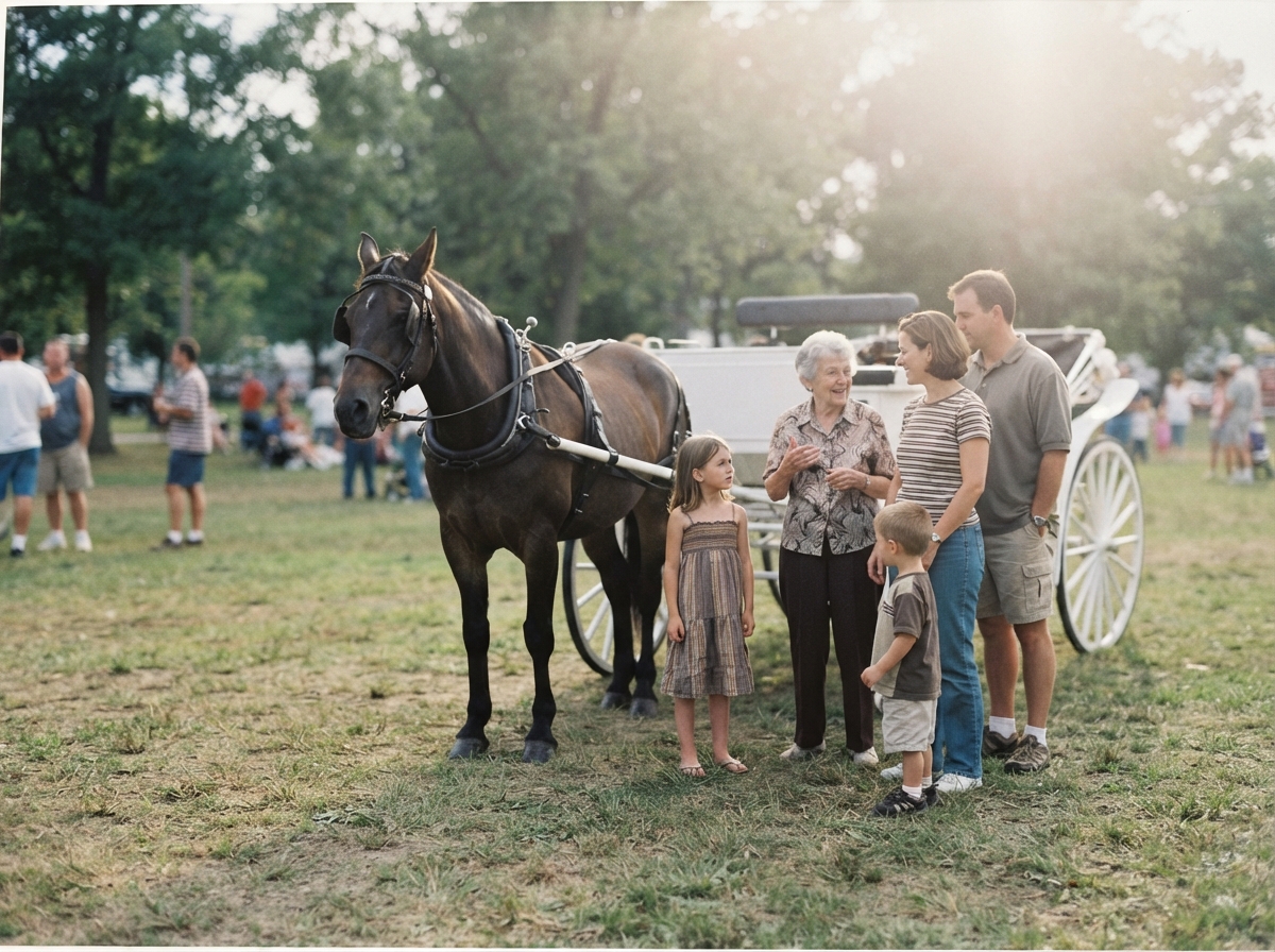Family visiting a carriage horse